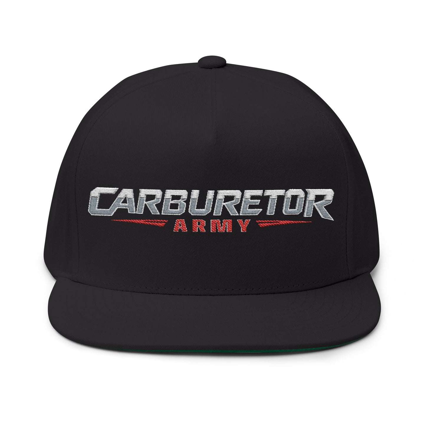Flat Bill Cap — "Carburetor Army" Embroidered Snapback Hat