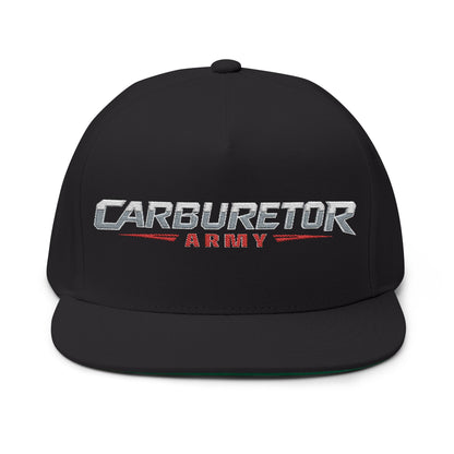 Flat Bill Cap — "Carburetor Army" Embroidered Snapback Hat