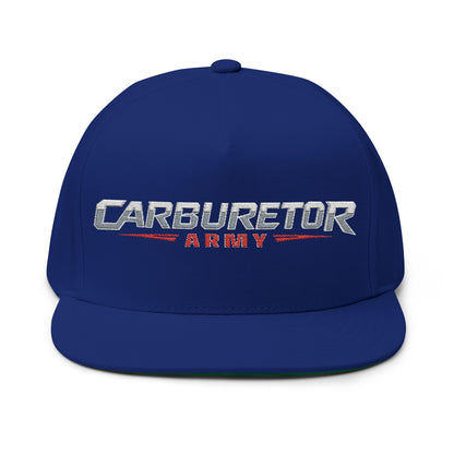 Flat Bill Cap — "Carburetor Army" Embroidered Snapback Hat