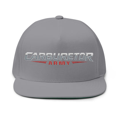 Flat Bill Cap — "Carburetor Army" Embroidered Snapback Hat