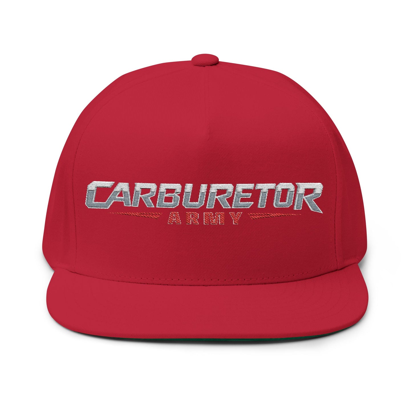 Flat Bill Cap — "Carburetor Army" Embroidered Snapback Hat