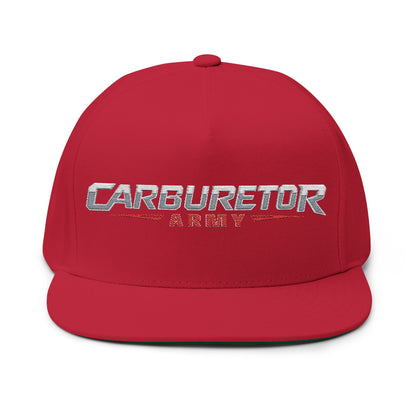 Flat Bill Cap — "Carburetor Army" Embroidered Snapback Hat
