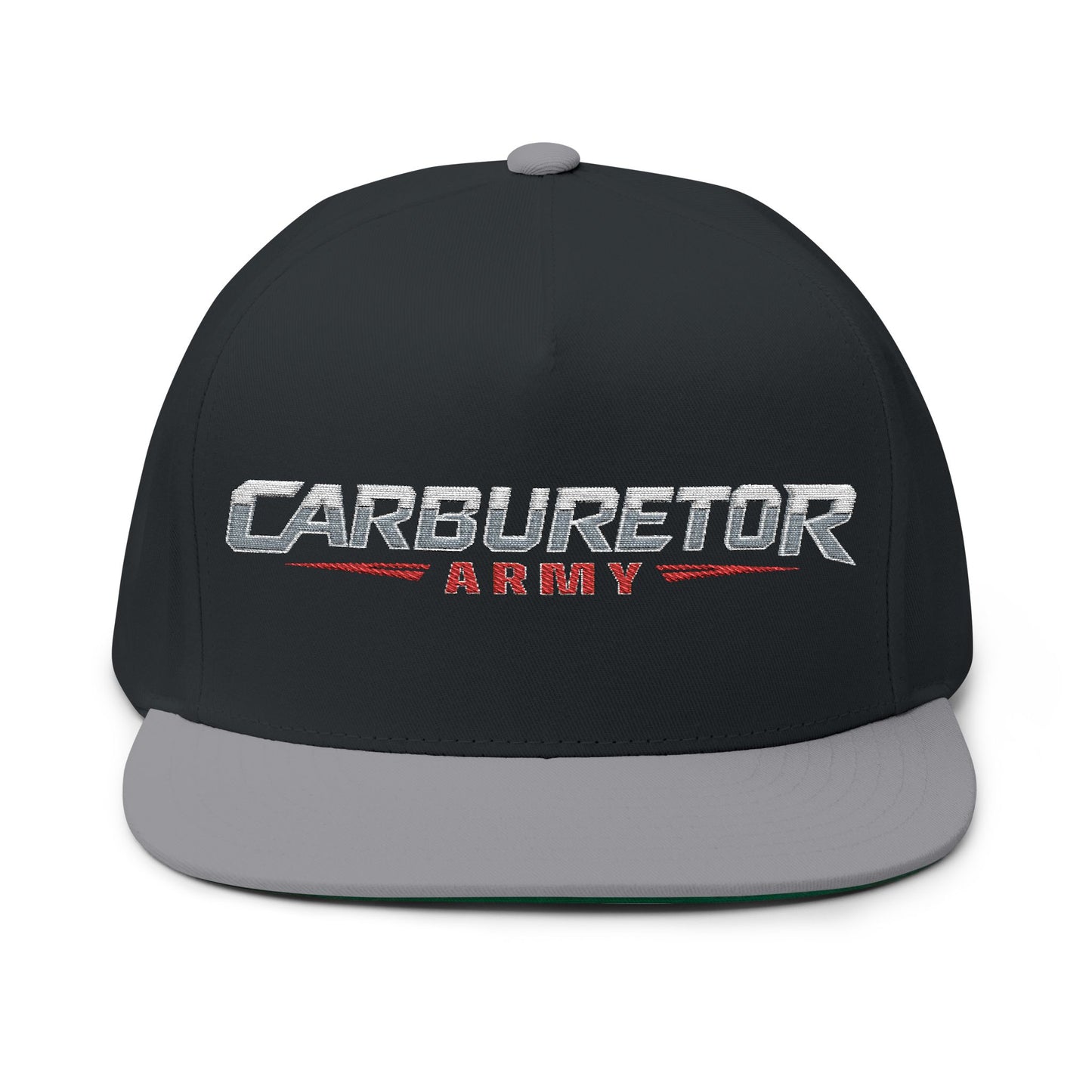 Flat Bill Cap — "Carburetor Army" Embroidered Snapback Hat