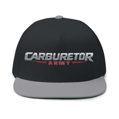 Flat Bill Cap — "Carburetor Army" Embroidered Snapback Hat