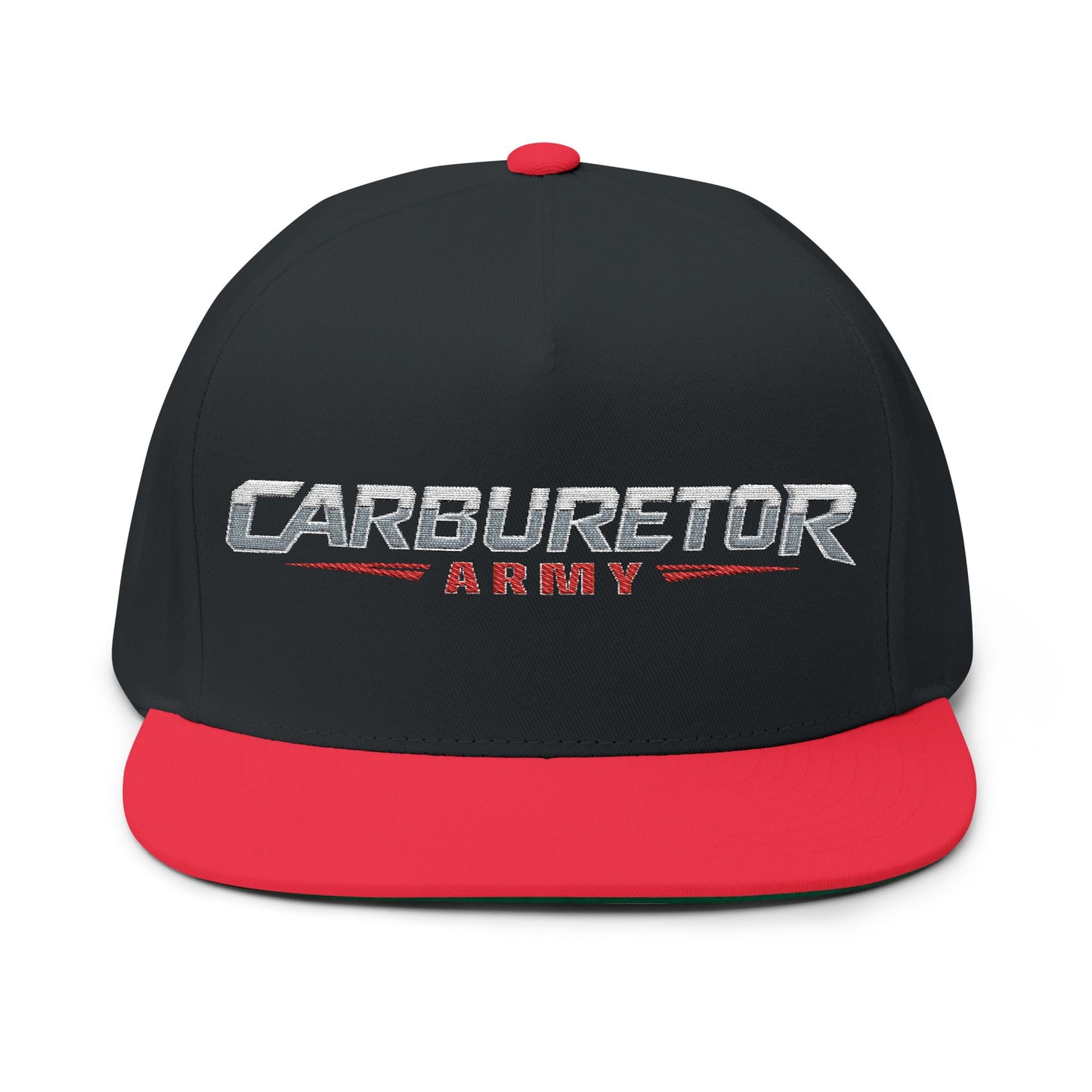 Flat Bill Cap — "Carburetor Army" Embroidered Snapback Hat