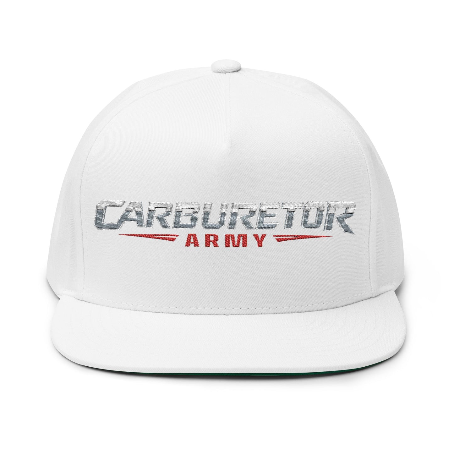 Flat Bill Cap — "Carburetor Army" Embroidered Snapback Hat